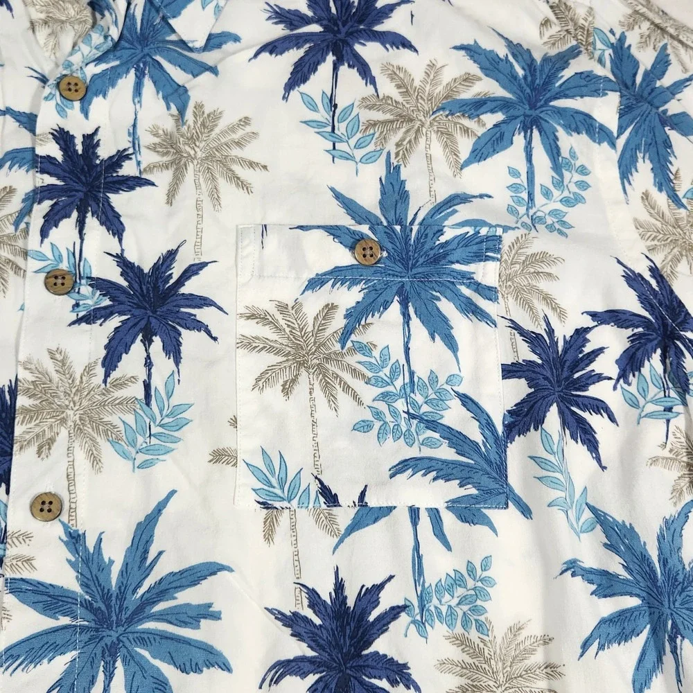 Campia Moda Hawaiian Shirt Mens XL White Blue Rayon Palm Tree Tropical Aloha